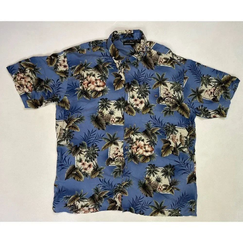 VINTAGE Pierre Cardin Hawaiian Shirt Men XL Floral Print Blue Short Sleeve